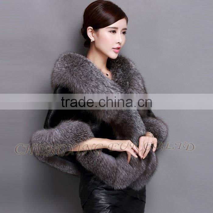 CX-B-M-05E Best Sell Wholesale Price Natural Fox Fur Trim Mink Fur Shawl