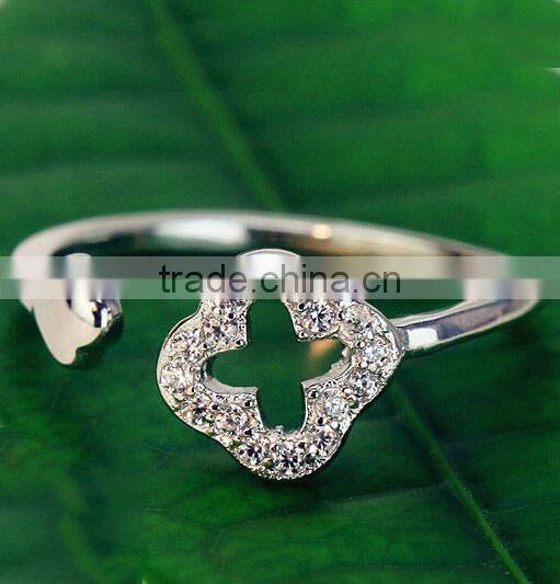 Spritual charm accessory Lucky Clover design top zircon diamond sterling 925 silver open ring