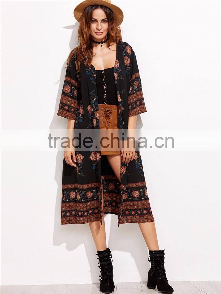 Women Custom Digital Print Flower Print Three Quarter Length Sleeve Kimono Loose Beachwear