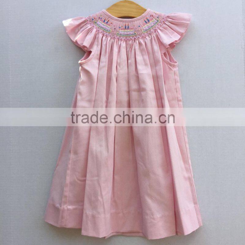 Children Cotton Frocks Designs Pink Corduroy Embroidered Cake Baby Girls Birthday Party Smocked Dresses