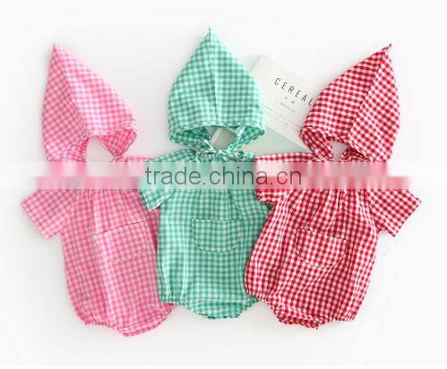Seersucker Romper And Bonnet Summer Newborn Baby Clothing Set Gingham Clothes