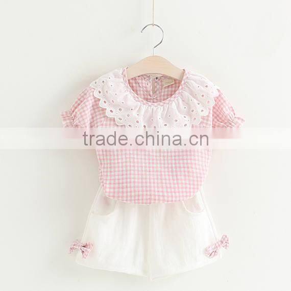Kids Clothes Plaid Shirt Short Sleeve Round Lace Collar Match Cotton Shorts With Two Smaller Bowknot