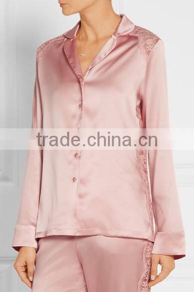 High Quality Custom Made Ladies Wearing Wholesale Silk-Blend Satin Pajama Decorated with Lace