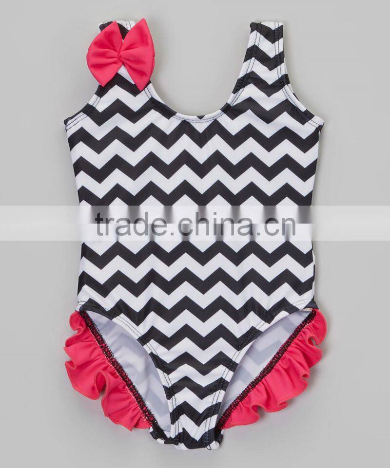 New Summer Girl Beachwear With Black Chevron Ruffle One-Piece Girl Swimwear Girls Clothes G-NP-S905-383