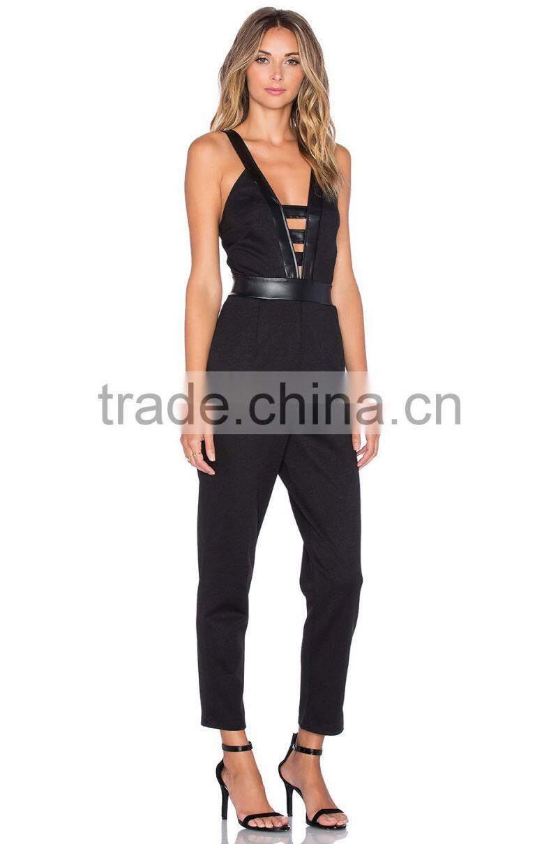 Black Plunging V Neck Sleeveless Jumpsuit for Women 2015