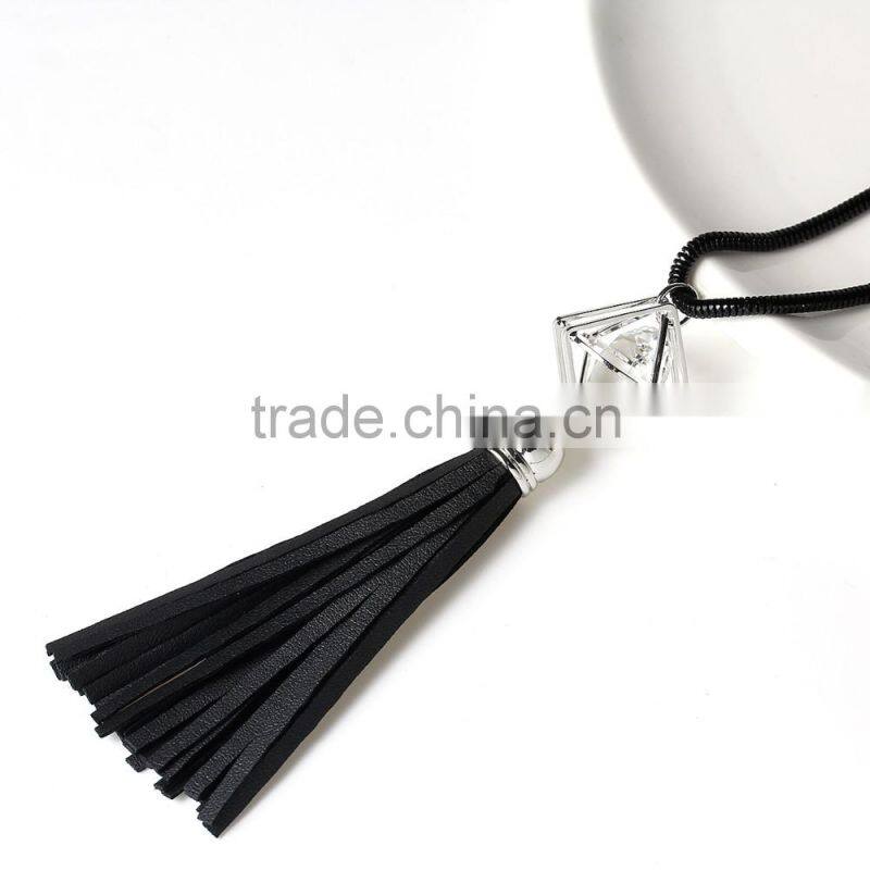 New Fashion Long Snake Chain Black Leatheroid Tassel Pendant Clear Glass Rhinestone Sweater Necklace