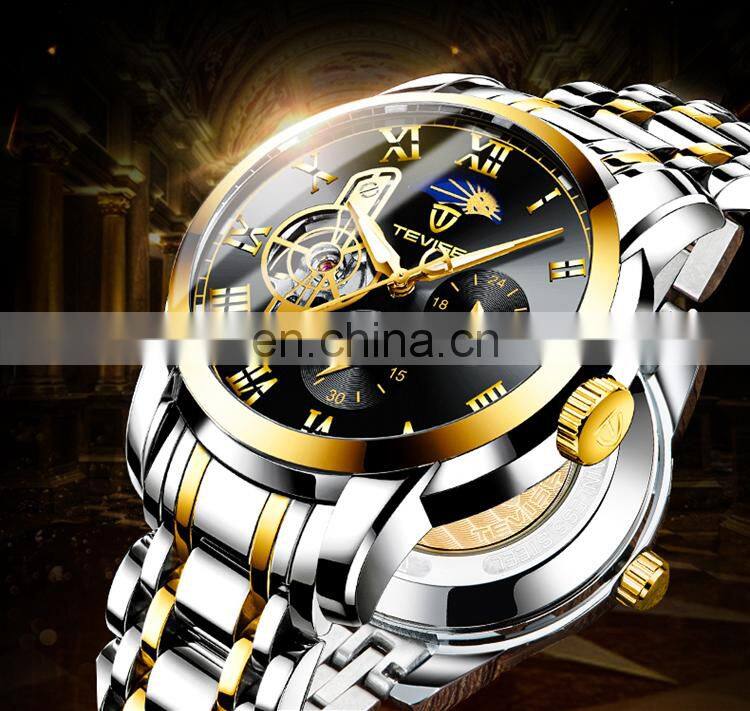 TEVISE 9005B Luxury Men Stainless Steel Sun Moon Phase Watches 24 Hours Display Automatic Mechanical Brand Wrist Watch
