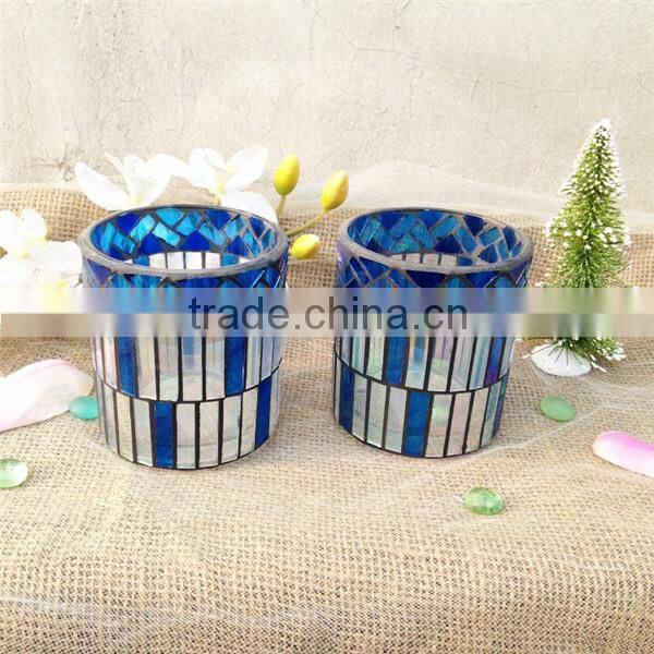 ocean blue mosaic pillar votive candle jars wedding centerpiece