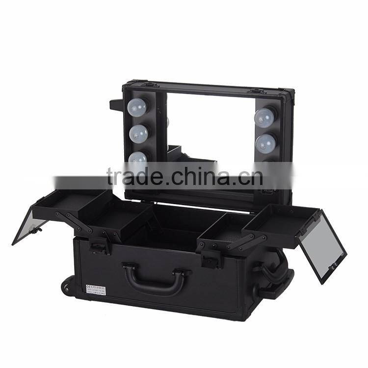 2016 newest design professional pvc trolley makeup display case with 6 lights mirror