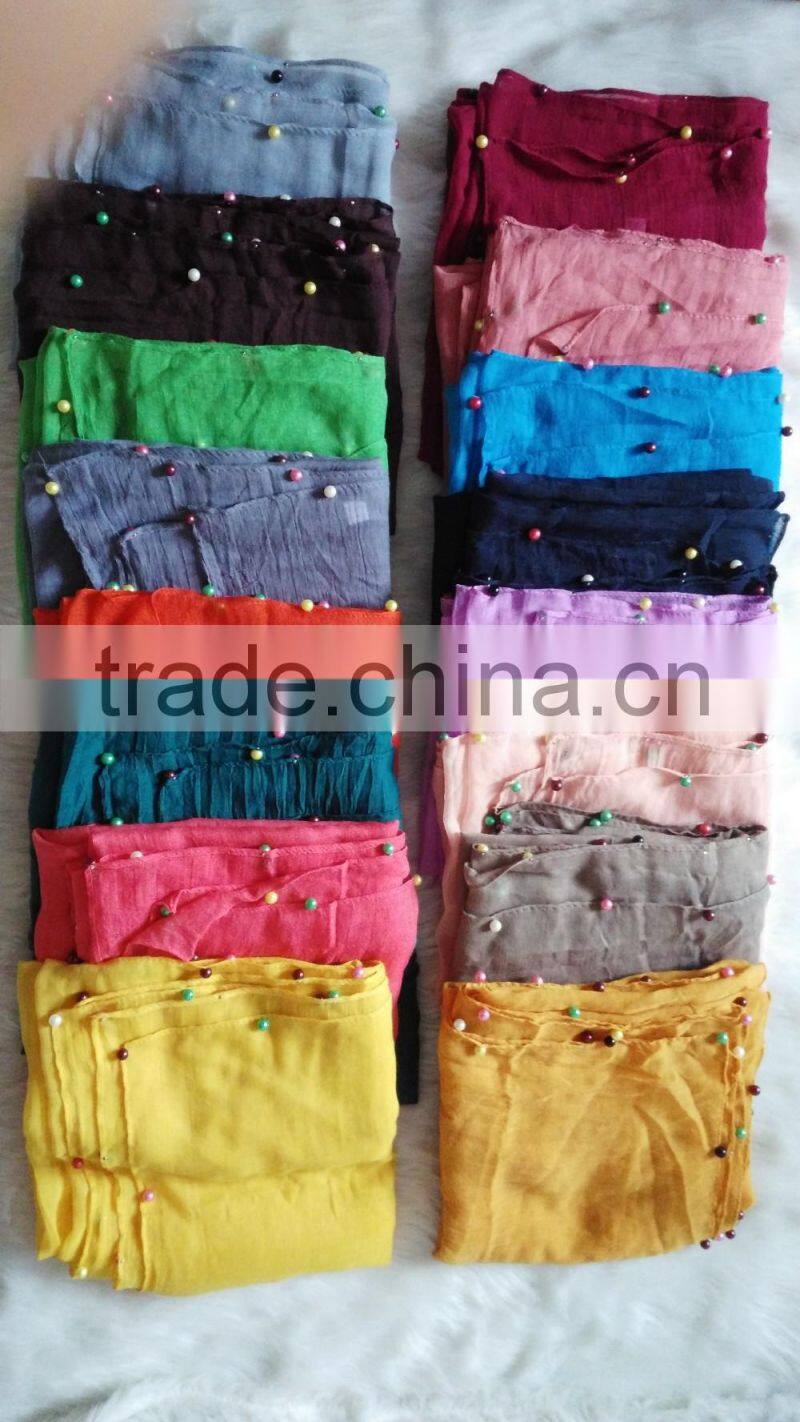 Hot Selling Self-made Plain Hijab Shawl Women Colorful Pearl Scarf
