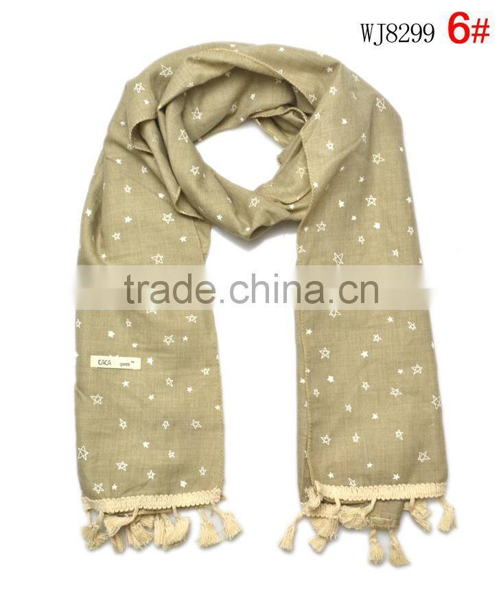 Hot Selling Star Printed Tassel Lace Brim Sewed Boys Girls Kids Linen Cotton Scarf