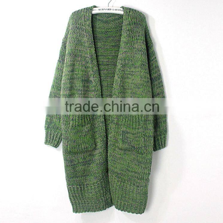 Deep v-neck knitting long coat lady long sleeve pocket casual sweater cardigan