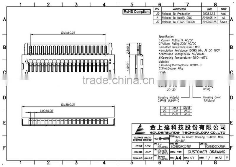 1mm Pitch 20 & 30 Pin Available Electrical Plastic Connector Housing