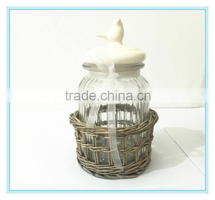 Fulaishan Hot sale Willow stand with glass round storage jar and ceramic lid and ribbons