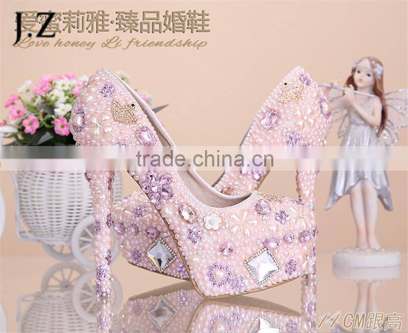 OW23 new design lady noble thin heel pinkcrystal wedding shoes