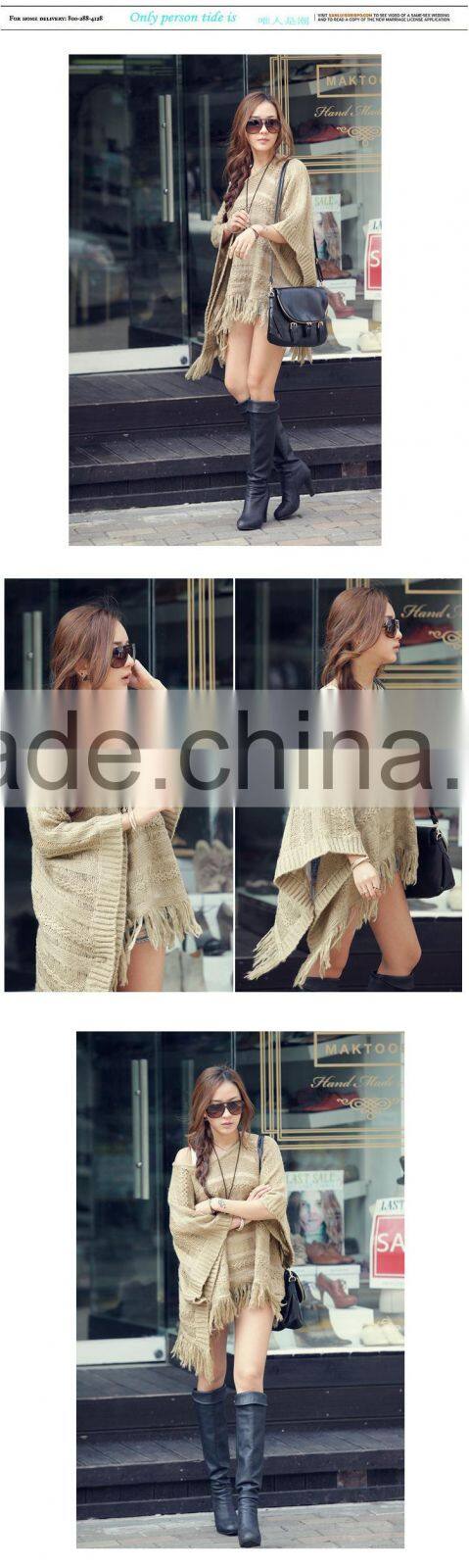 2015 New loose fat MM hollow out cloak tassel batwing coat knitting sweater shawl irregular smock