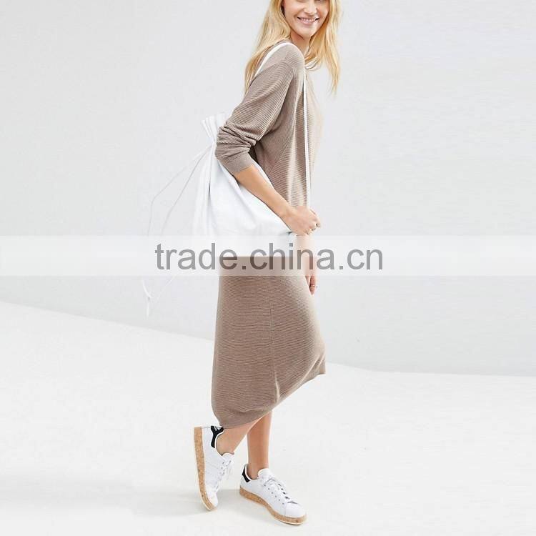 ladies designer office dresses long sleeve knitted wear scoop neck midi work dress