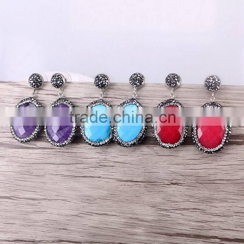 Natural Amazon Turquoise Agate Labradorite Amethyst Gem stone Druzy Earring, Oval shape Pave Crystal Jewelry Stud Earring