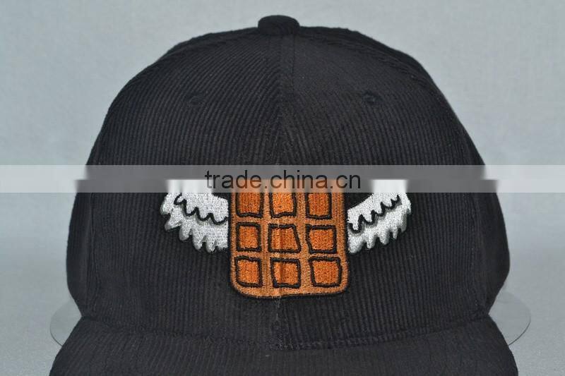 Guangzhou hat factory professional custom corduroy materials/black and red/embroidery logo/flat brim hat