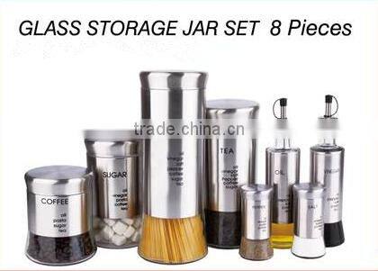 Set of 8 Glass Food Storage Canister set with stainless steel coat