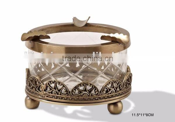 India Vintage Brass Mounted Glass Ashtray, Hand Engraved Bronze Art Nouveau Ashtray Holder For Home Decor