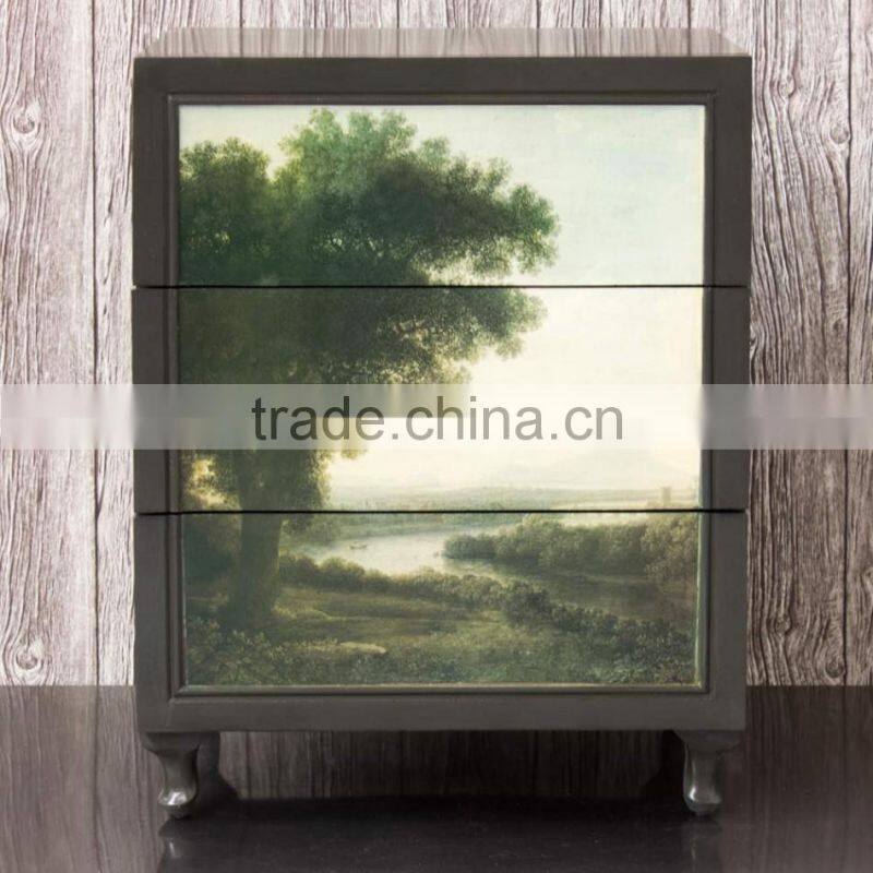 Vintage Wooden Bedside Table Digital Printing Night Table with Drawer Solid Wooden Furniture