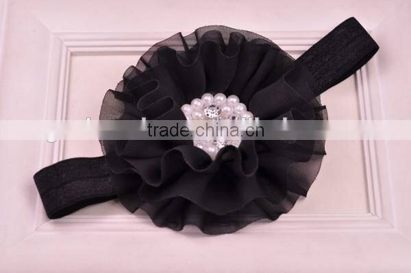 chiffon flower headband with pearl beads center for kids hair accessories