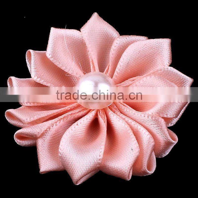 satin ribbon flower with pearl bead center for kids hair accessories
