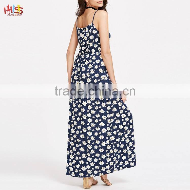 Ladies Fashion Dresses Women Summer Pictures Daisy Print Tie Front Elastic Waist Cami Dress
