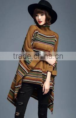 2016 New Fashion Korean Style Mid Long High Collar Women Stripe batwing-sleeved Pullover Sweater