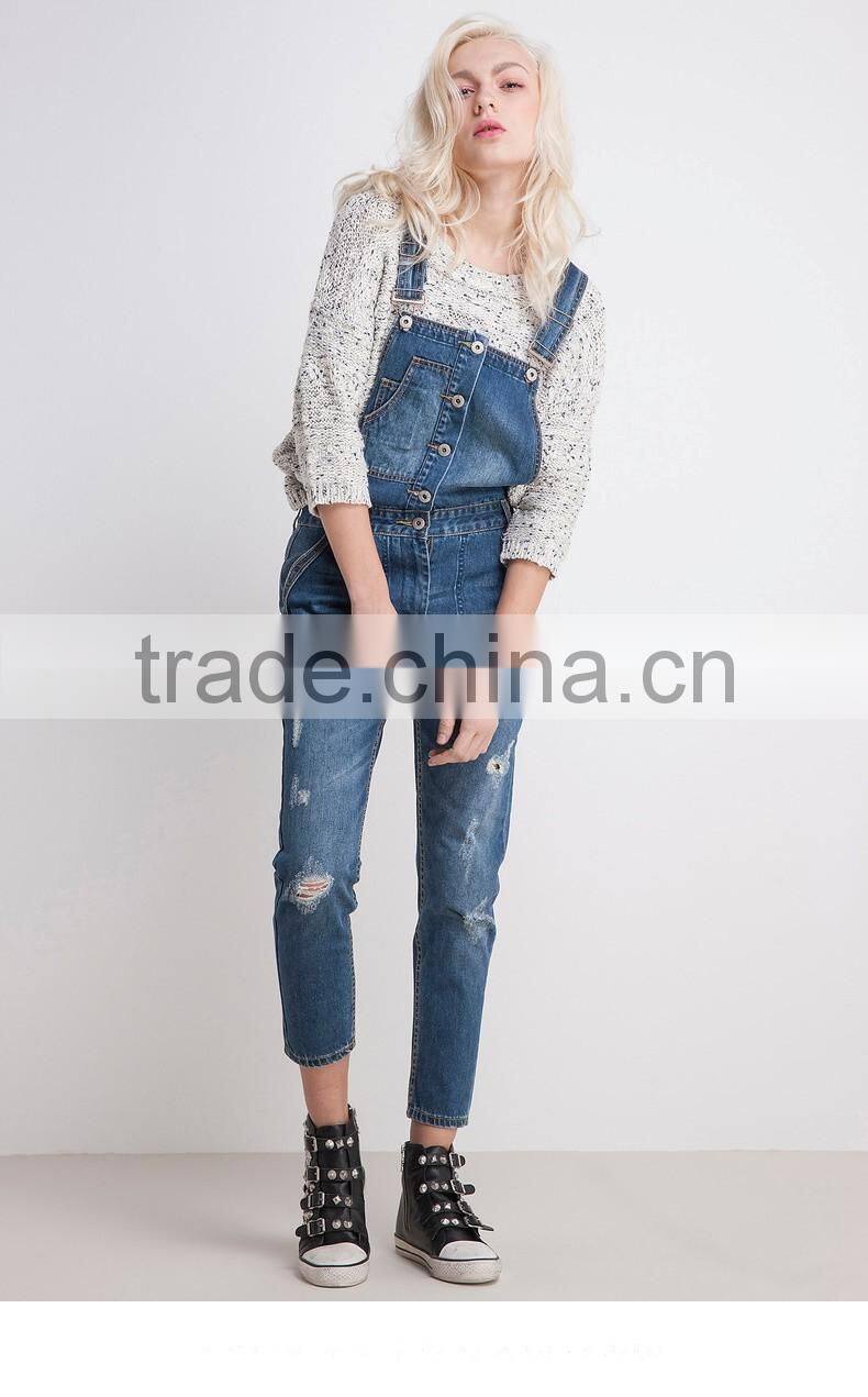Women's spring slim fit distressed denim jeans short suspender bib overalls