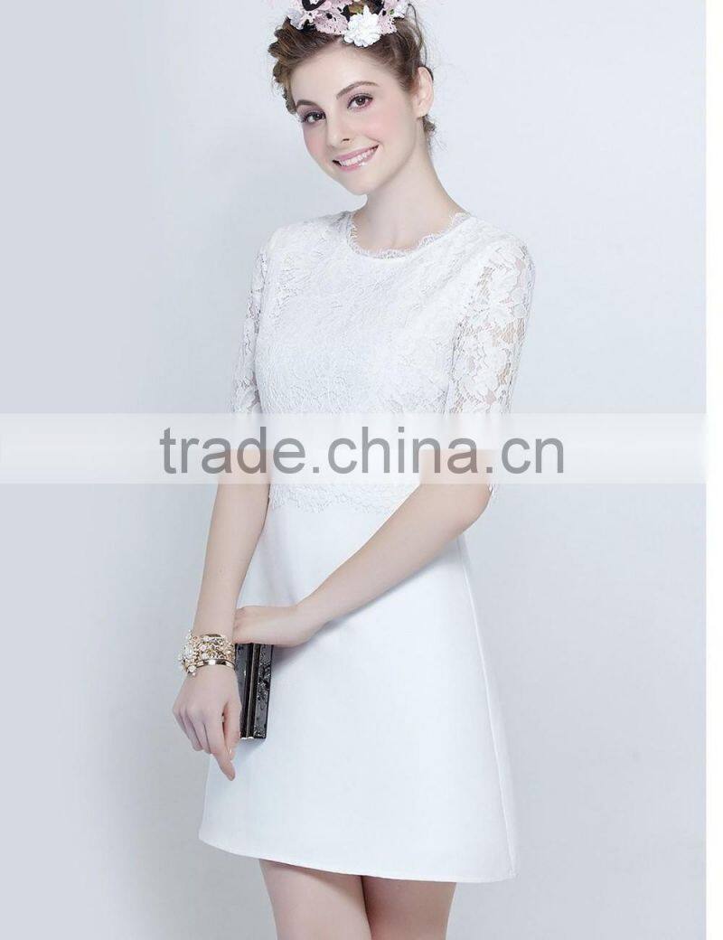 Fashion solid color round neck black,white lace spring dress