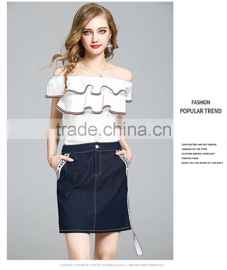 2017 fashion summer for women Fashion elegant one shoulder blouse with denim skirt two pieces