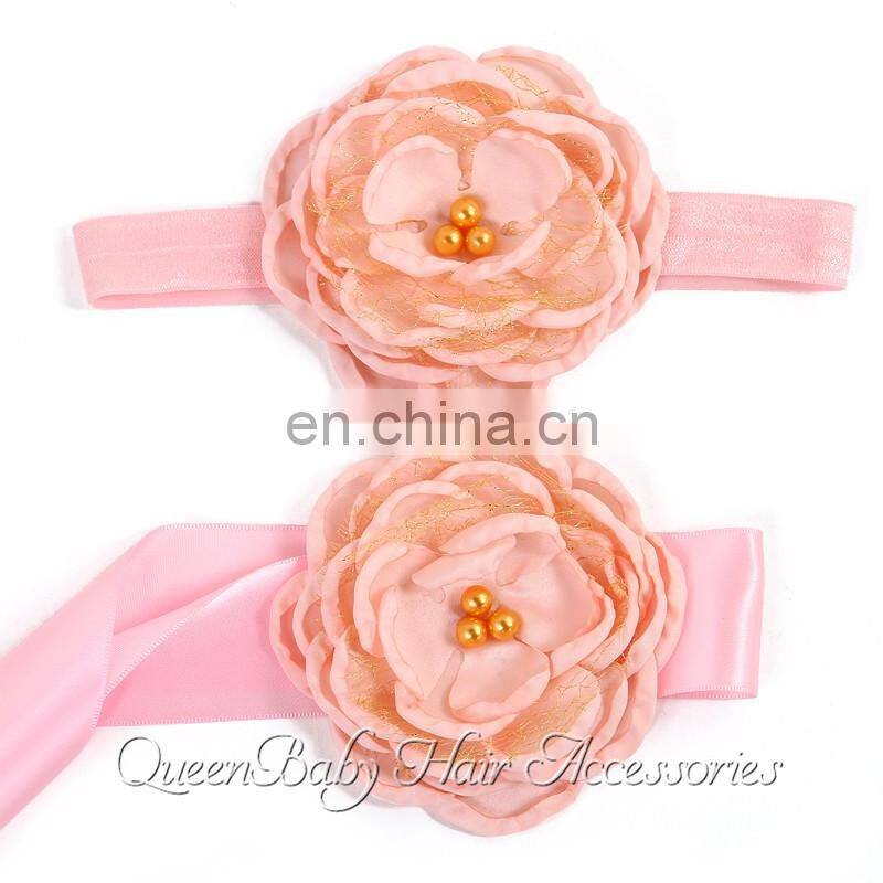 Satin Flower Sash Matching Baby Headband Gold Layered Flower Sash Belt Flowergirl Headband