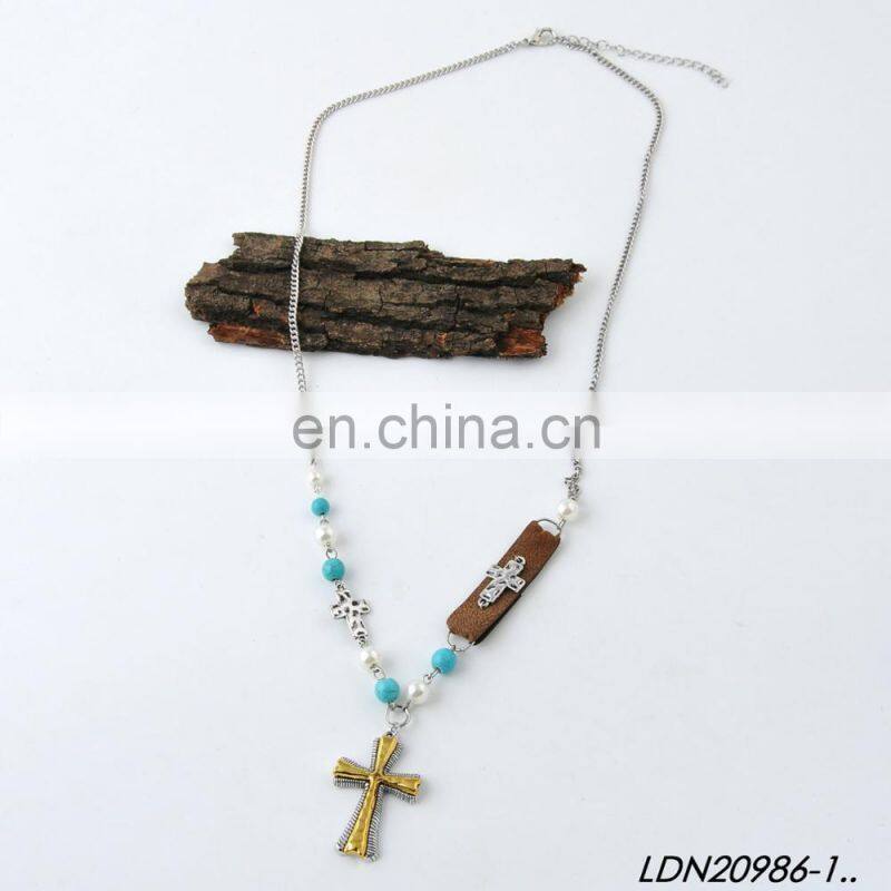 Anti-Siver and Anti-Gold vintage cross Necklaces turquoise beads necklace