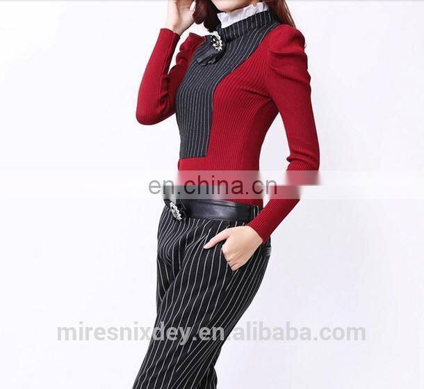fashion slim fitted turtle-neck knitting sweater with pleated sleeve for office lady