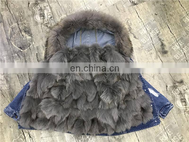 2017 Fashionable Women Winter Real Fox Fur Lined Denim Parka Real Fur Jacket Raccoon