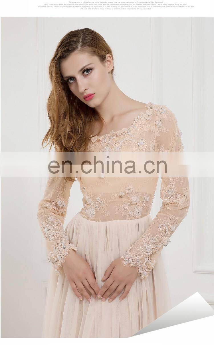 KAL-4 Skin Round neckline pearl beading & applique Long sleeve floor length tulle Muslim bridal evening dress