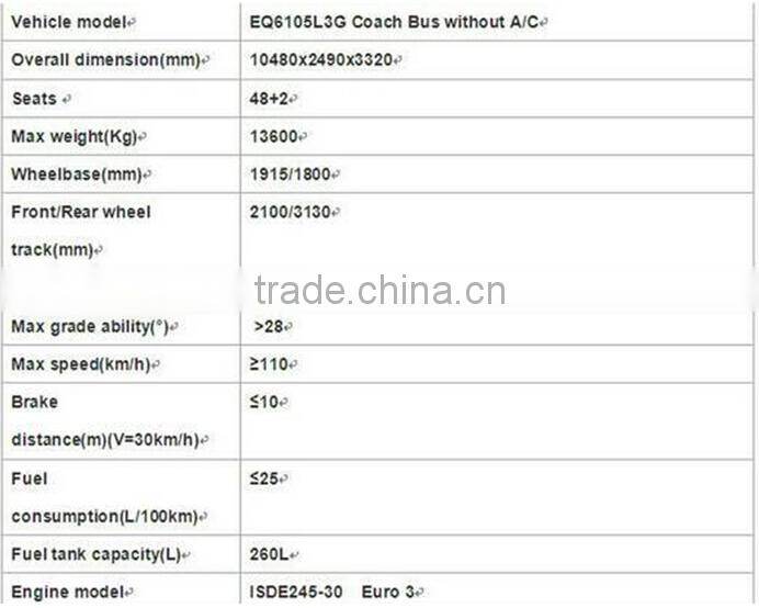 Dongfeng EQ6105L3G 4x2 10m diesel coach bus for sales
