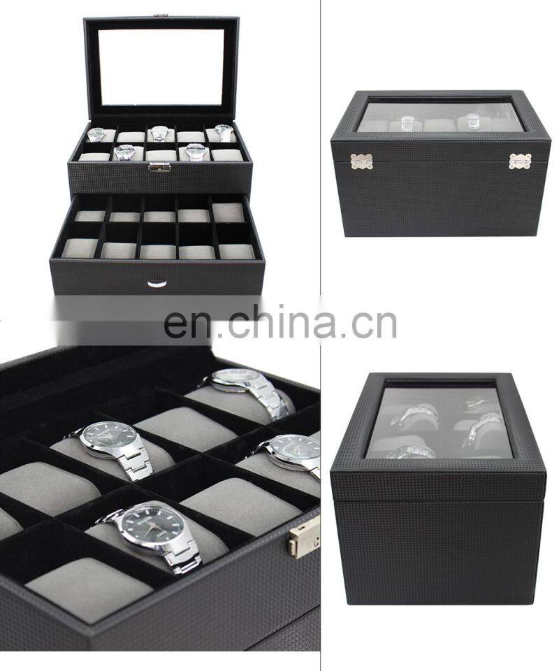 30 Slots Personalized Black Pu Leather Lining Carbon Fiber Watch Box For Wooden