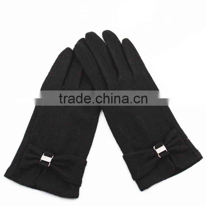 Fashion Strip and Bow Detailing Polyester Spandex Velvet Black Women Gloves