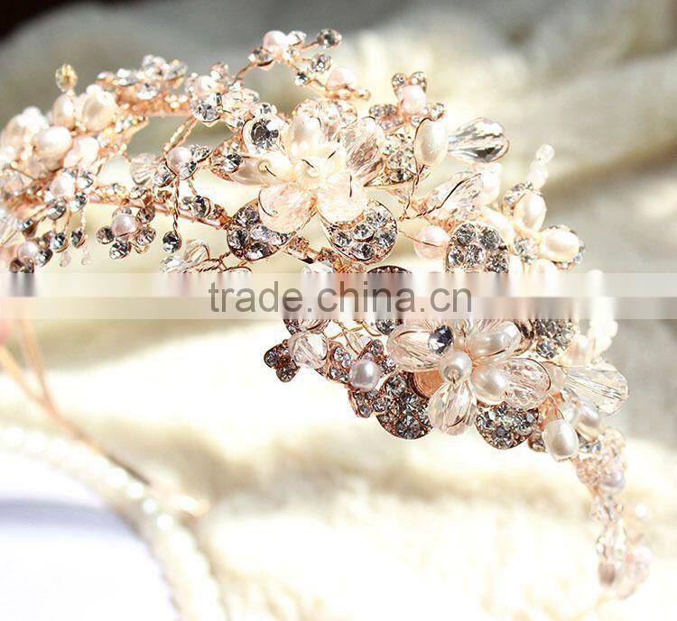 2015 Hot Sale Handmade Rhinestone Golden Flower Hair Band Hair Accessories for Women