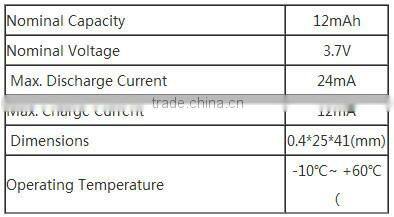 Rechargeable 3.7v 12mAh ultra thin battery