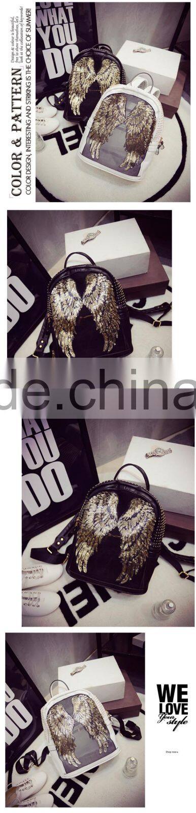 Korea fashion paillette women leather backpack outdoor bag