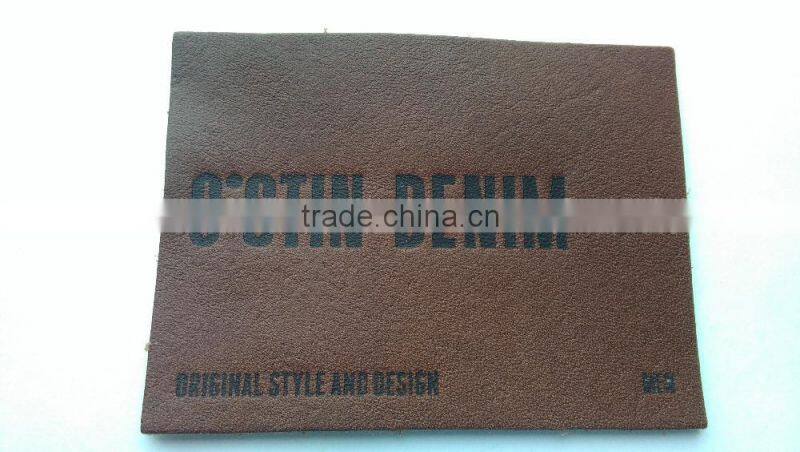 Custom real leather rectangle brown embossed slim patch for jeans