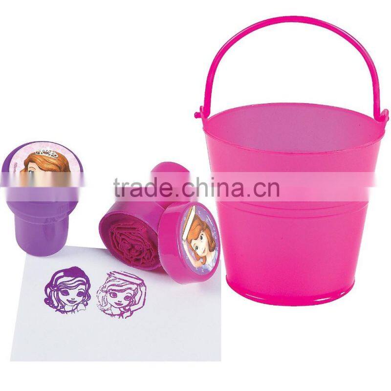 High Quality Hot Sale Funny Creative Plastic Pink Pail Filled with Sofia the First Mini Stampers Cheap Novelty Self-Inking Stamp
