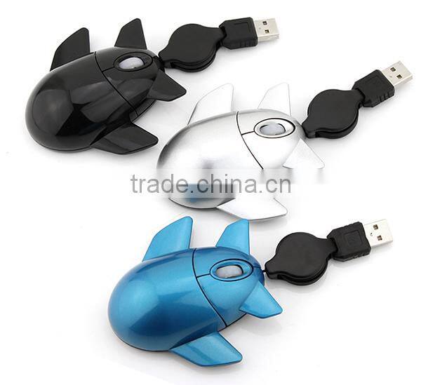 aeroplane shaped wired optical mouse with retractable cable
