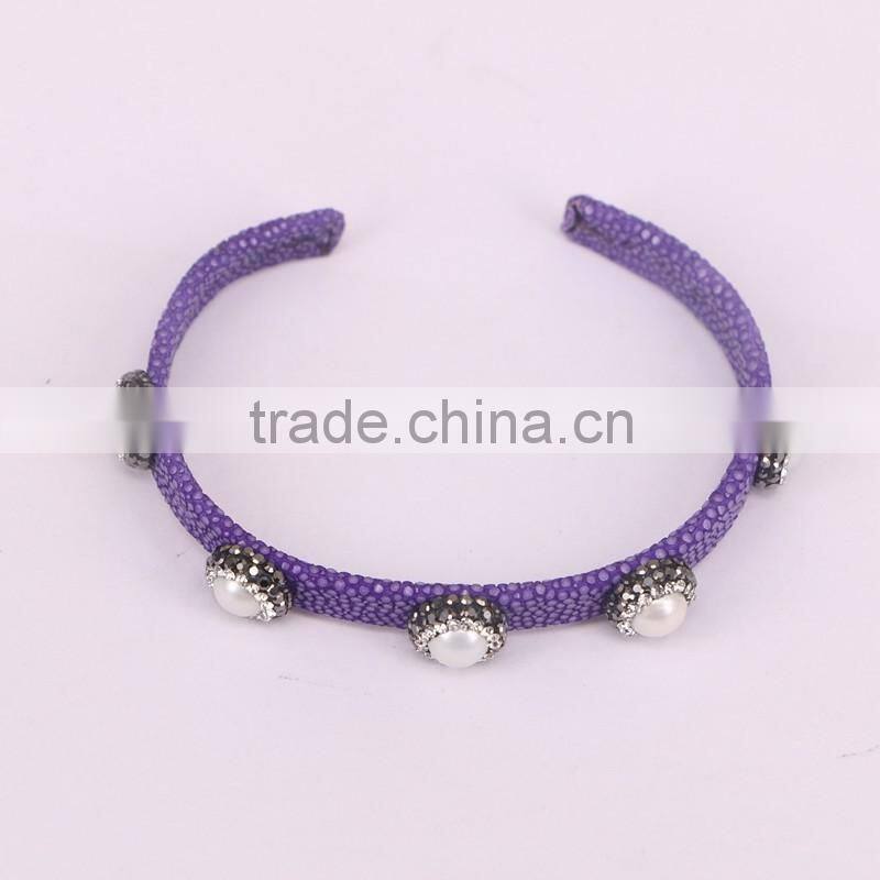 Purple Color Fish Skin Bracelet, with Pave Crystal Freshwater Pearl Bead Leather Cuff Bangle
