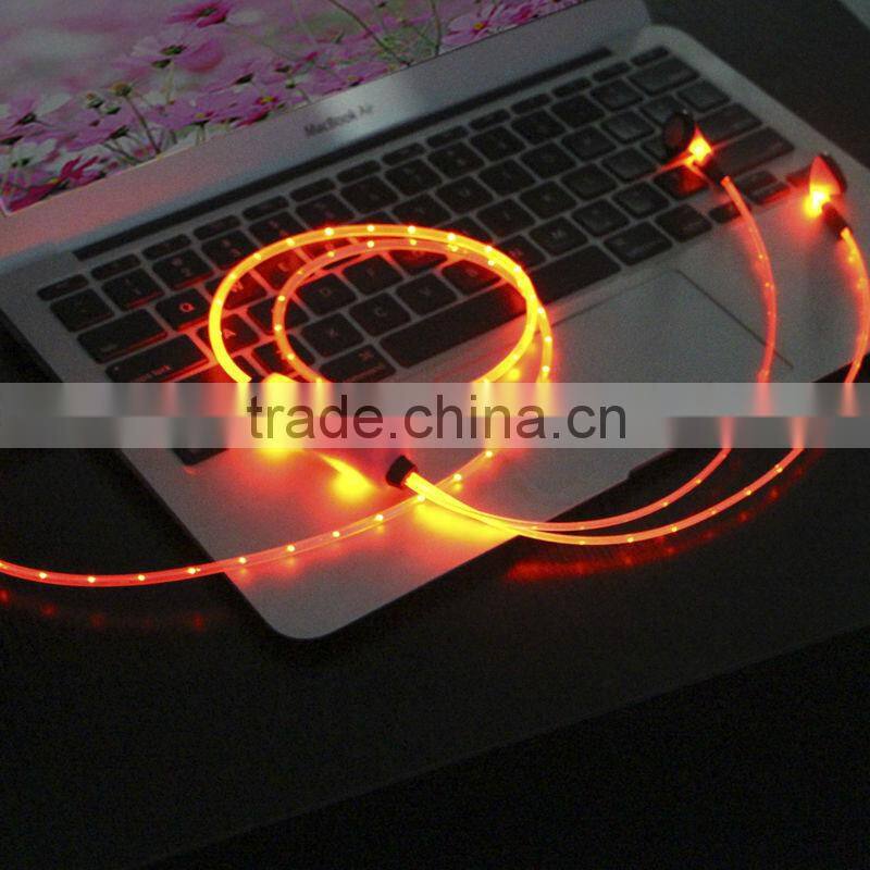 Hot sale Fashion 3.5mm LED earphone for mobile phone, Visible Flowing Light Audio Cable headphones with LED light
