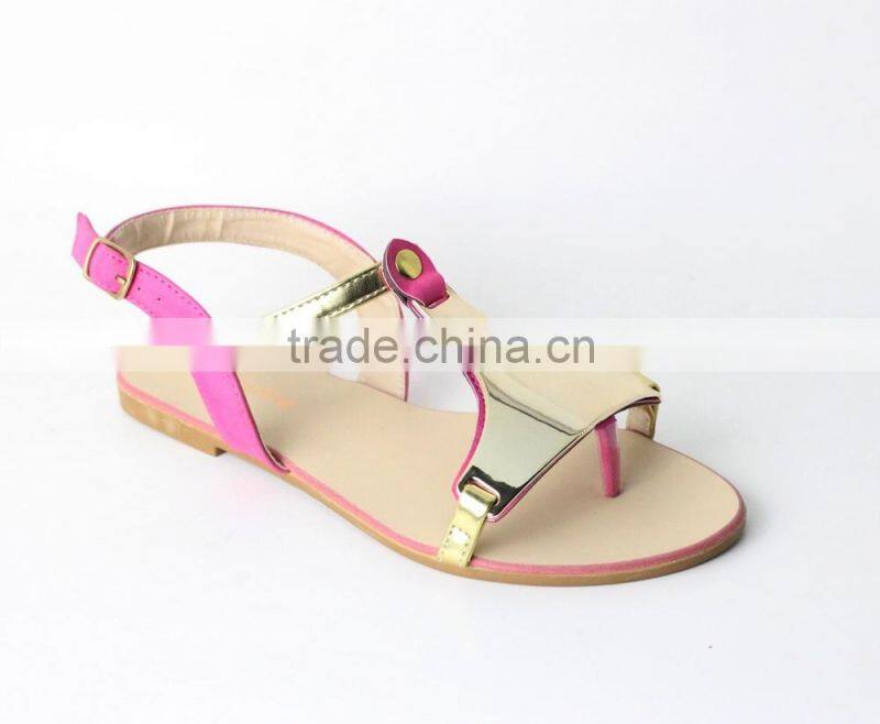 popular ladies new fashion flat summer sandals with metal gold accessories
